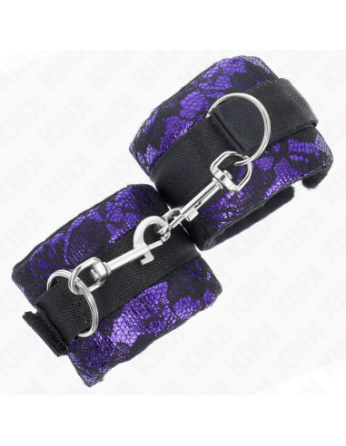 KINK - SHORT VELVET LACE WRIST RESTRAINTS AND NYLON BIND PURPLE - BLACK 23 X 6.5 CM
