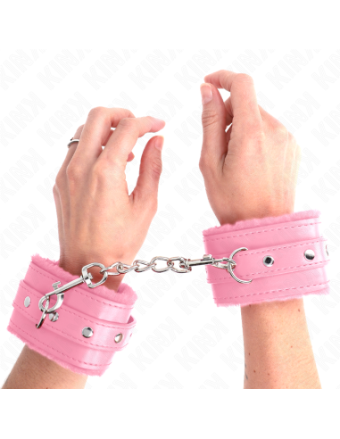 KINK - aukščiausios kokybės kailio pamušalu išklotos riešo apsaugos rožinės spalvos su rožiniu diržu, reguliuojamas 17–29 CM x 6