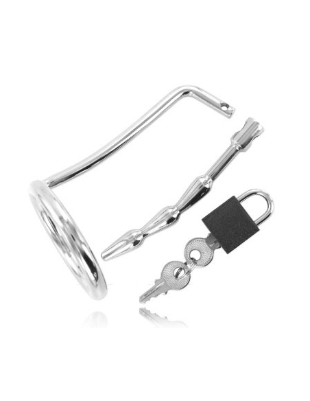 METAL HARD - TESTICLE RING WITH URETHRAL CHASTITY PLUG