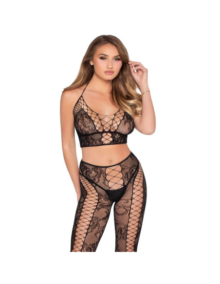 LEG AVENUE - 89368 NET and LACE CROP TOP AND TIGHTS BLACK - ONE SIZE
