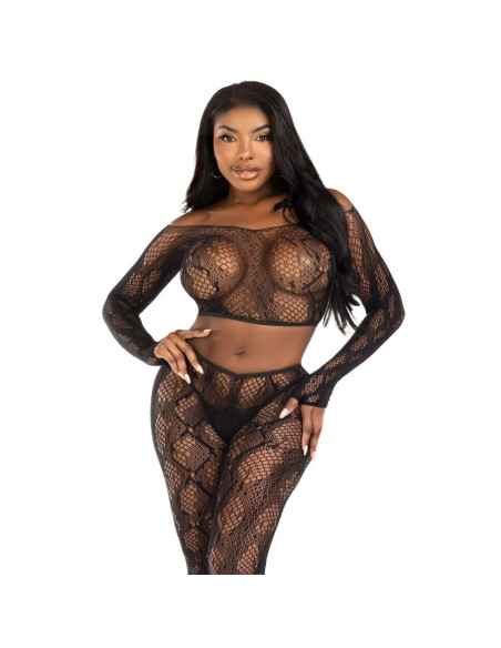 LEG AVENUE - 89373 PYTHON CROP TOP and FOOTLESS TIGHTS BLACK - VIENAS Dydis