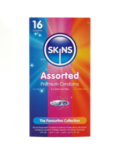 SKINS - ĮVAIRIŲ PREMIUM KLASĖS PREZERVATYVŲ PAKUOTĖ, 16 VNT.