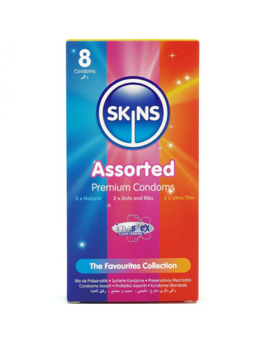 SKINS - ĮVAIRIŲ PREMIUM KLASĖS PREZERVATYVŲ PAKUOTĖ, 8 vnt.