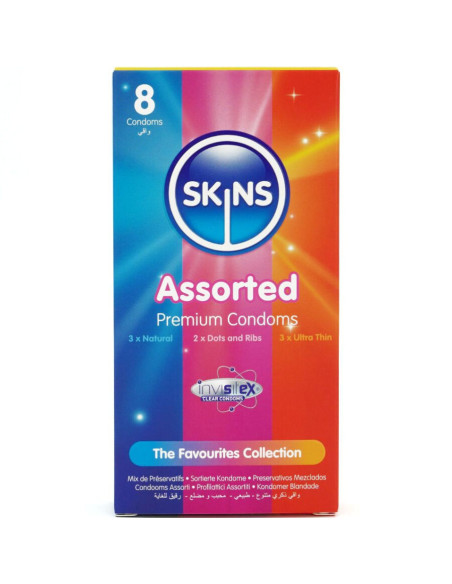 SKINS - ĮVAIRIŲ PREMIUM KLASĖS PREZERVATYVŲ PAKUOTĖ, 8 vnt.