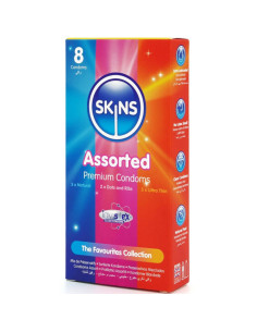 SKINS - ĮVAIRIŲ PREMIUM KLASĖS PREZERVATYVŲ PAKUOTĖ, 8 vnt. 2