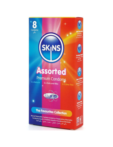 SKINS - ĮVAIRIŲ PREMIUM KLASĖS PREZERVATYVŲ PAKUOTĖ, 8 vnt.