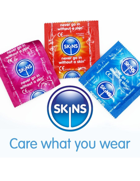 SKINS - ĮVAIRIŲ PREMIUM KLASĖS PREZERVATYVŲ PAKUOTĖ, 8 vnt.