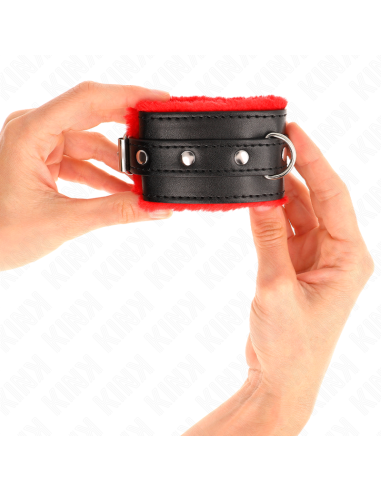 KINK - aukščiausios kokybės kailio pamušalu išklotos riešo apsaugos, raudonos spalvos su juodu diržu, reguliuojamas 17–29 CM x 6