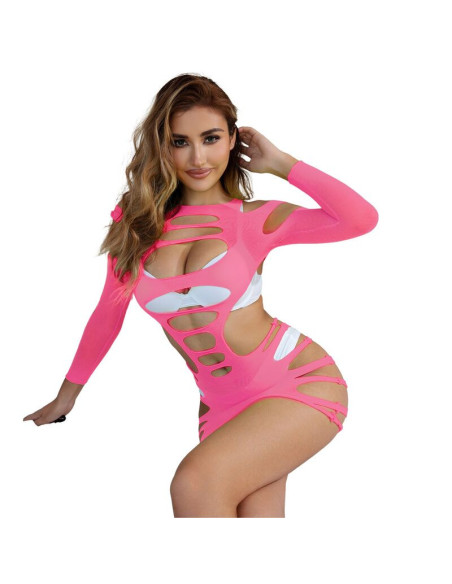 SUBBLIME - 952273 LONG SLEEVE ELASTIC FISHNET DRESS PINK ONE SIZE