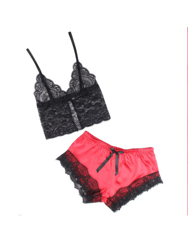SUBBLIME - 953959 CASUAL SILK NIGHTGOWN LACE PANTS BLACK-RED S-M