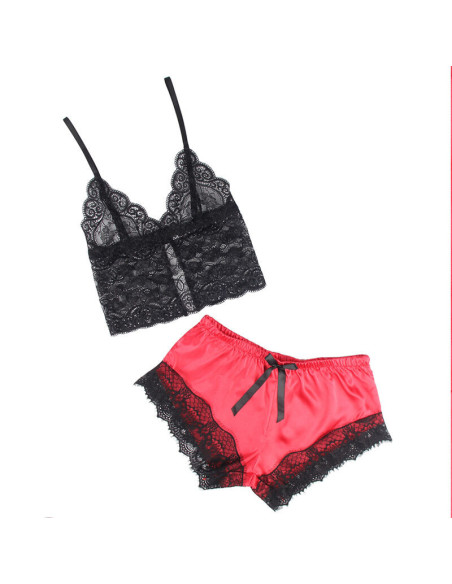 SUBBLIME - 953959 CASUAL SILK NIGHTGOWN LACE PANTS BLACK-RED S-M