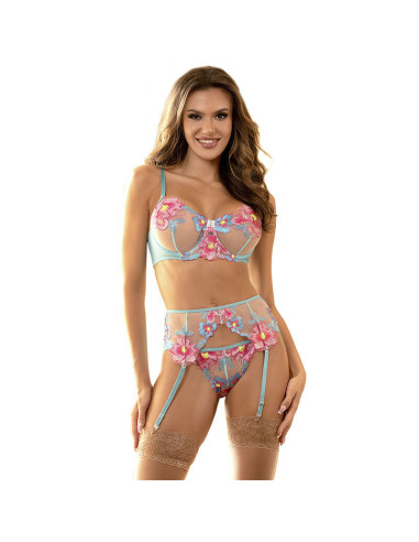 SUBBLIME - 954116 BRA PANTIES WITH GARTER BELT FLORAL DESIGN BLUE L-XL