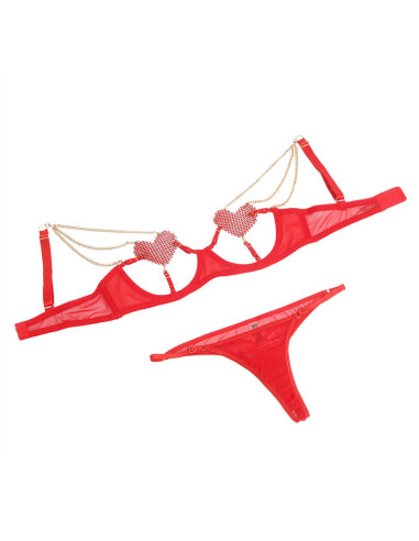 SUBBLIME - 955526 LIEMENĖLĖS KOMPLEKTAS SU GRANDINĖLĖMIS IR TINKLELIU ŠIRDELĖS SPALVOS RAUDONA L-XL