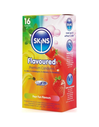 SKINS - ĮVAIRIŲ SKONIŲ PREMIUM KLASĖS PREZERVATYVŲ PAKUOTĖ, 16 VNT.