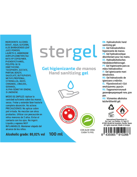 STERGEL - HYDROALCOHOLIC HAND SANITIZING GEL ALOE VERA 100ML