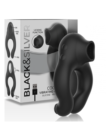 BLACKandSILVER - SILIKONINIS VIBRUOJAMAS ŽIEDAS SU 3 ĮKRAUNAMAIS VARIKLIAIS, JUODAS