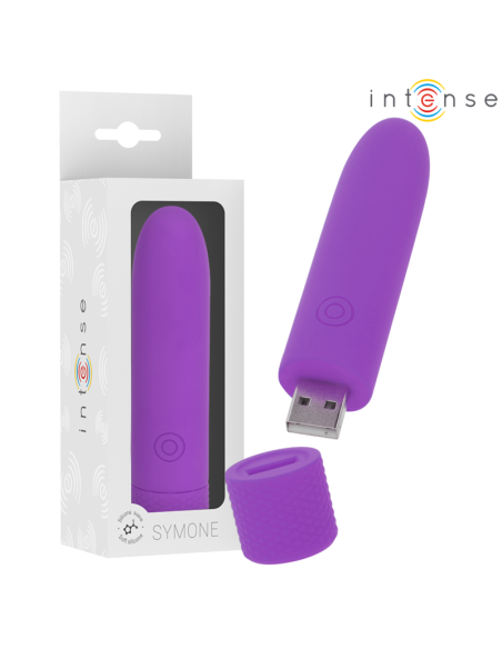 INTENSE - SYMONE USB ĮKRAUNAMAS VIBRUOJAMAS ŽIEDAS 8 VIBRACIJOS VIOLETINĖS 10 X 2,2 CM