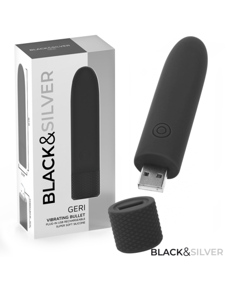JUODA IR SIDABRINĖ - GERI USB ĮKRAUNAMA VIBRUOJANTI KULKA 8 VIBRACIJOS JUODA 10 X 2,2 CM