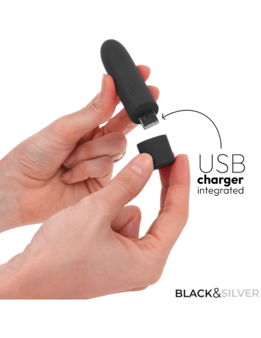 JUODA IR SIDABRINĖ - GERI USB ĮKRAUNAMA VIBRUOJANTI KULKA 8 VIBRACIJOS JUODA 10 X 2,2 CM