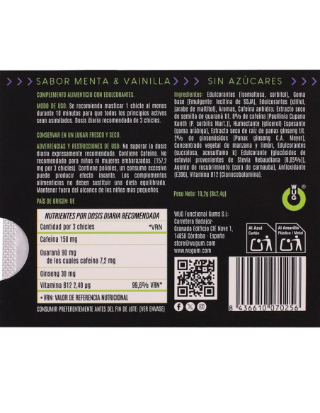 WUG ON - FUNCTIONAL CAFFEINE and GUARANA GUM MINT and VANILLA FLAVOUR BLISTER 8 PCS