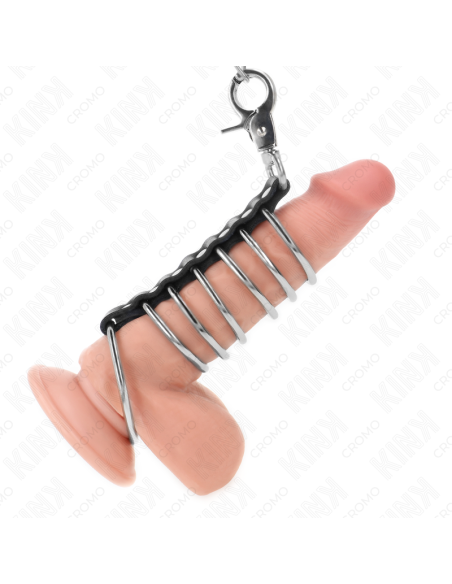 KINK - 7 metaliniai penio žiedai nuo 3,8 cm iki 5 cm, sujungti oda ir metaline grandine 100 cm