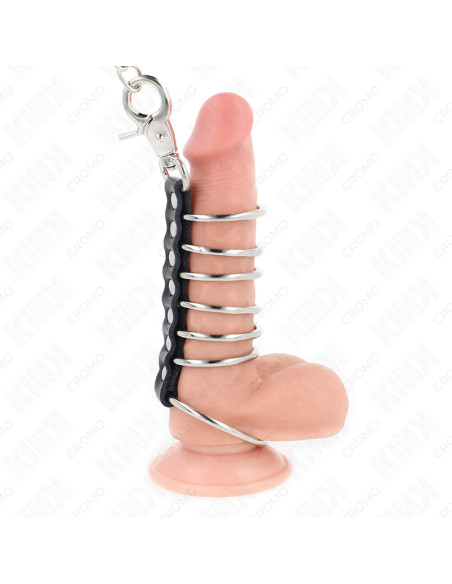 KINK - 7 METAL PENIS RINGS 3.8 CM TO 5 CM CONNECTED WITH LEATHER AND METAL CHAIN 100 CM