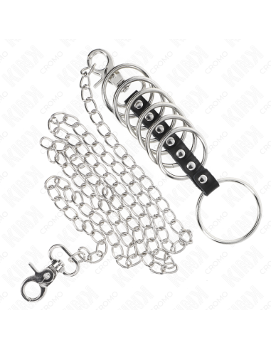 KINK - 7 metaliniai penio žiedai nuo 3,8 cm iki 5 cm, sujungti oda ir metaline grandine 100 cm