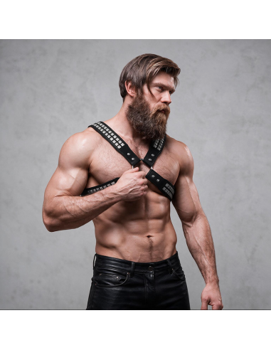 FETISH SUBMISSIVE ATTITUDE - MENS CROSSED CHEST ECO-LEATHER HARNESS WITH RIVETS