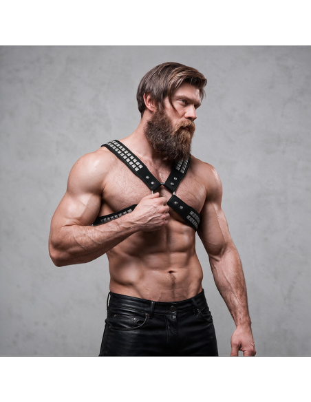 FETISH SUBMISSIVE ATTITUDE - MENS CROSSED CHEST ECO-LEATHER HARNESS WITH RIVETS