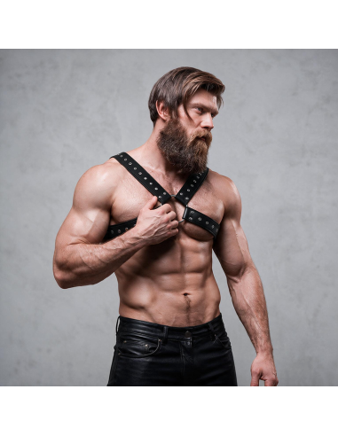 FETISH SUBMISSIVE ATTITUDE - MENS CROSS-OVER ECO-LEATHER CHEST HARNESS WITH STUDS
