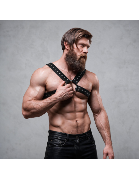 FETISH SUBMISSIVE ATTITUDE - MENS CROSS-OVER ECO-LEATHER CHEST HARNESS WITH STUDS