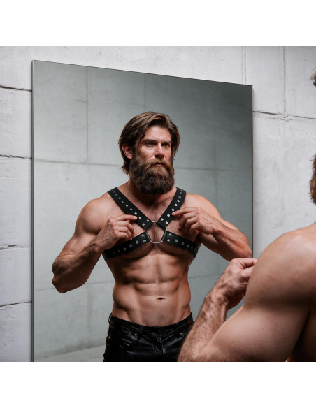 FETISH SUBMISSIVE ATTITUDE - MENS CROSS-OVER ECO-LEATHER CHEST HARNESS WITH STUDS