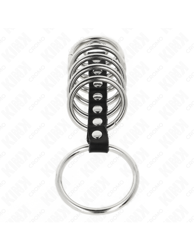 KINK - 7 metaliniai varpos žiedai nuo 3,2 cm iki 5 cm, sujungti oda