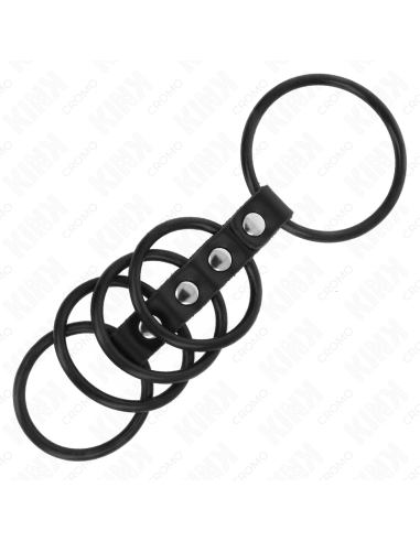 KINK - 5 silikoniniai varpos žiedai nuo 3,8 cm iki 4,8 cm, sujungti oda