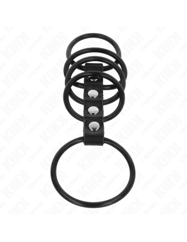 KINK - 5 silikoniniai varpos žiedai nuo 3,8 cm iki 4,8 cm, sujungti oda
