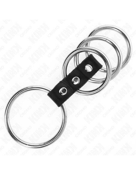 KINK - 4 METAL PENIS RINGS 3.7 CM TO 5 CM CONNECTED BY LEATHER