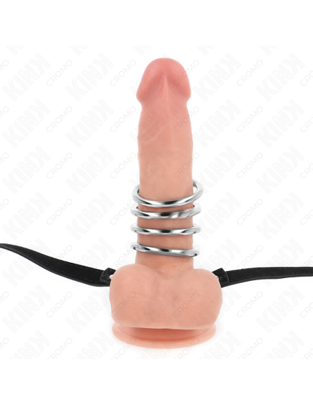 KINK - 5 PENIS RINGS 3.8 CM TO 5 CM METAL WITH LEATHER BELT 112 CM