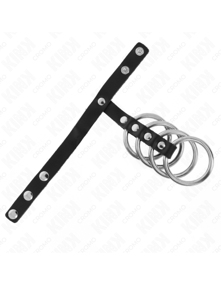 KINK - 4 metaliniai penio žiedai (3,8 cm), sujungti odiniu dirželiu (22 x 1,5 cm) ir užsegimu slėgiu