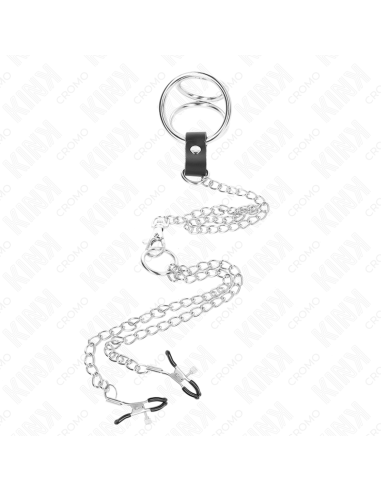 KINK - TRIPLE CHROME METAL PENIS RING 3 CM TO 4.5 CM WITH 26 CM METAL CHAIN AND NIPPLE CLIPS