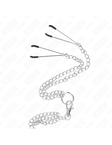 KINK - TRIPLE CHROME METAL PENIS RING 3.8 CM TO 5 CM WITH 26 CM METAL CHAIN AND NIPPLE CLAMPS MODEL 2