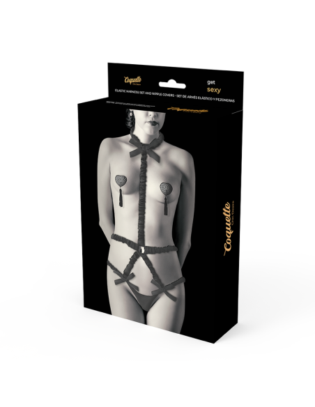 COQUETTE CHIC DESIRE - ELASTIC HARNESS SET AND NIPPLE COVERS BLACK