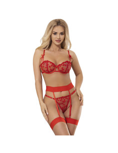 SUBBLIME - 954338 HEART PRINT BRA THONG GARTER BELT RED L-XL
