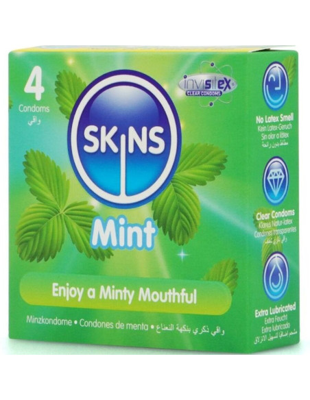 SKINS - MĖTINĖS PREMIUM KLASĖS PREZERVATYVŲ PAKUOTĖ, 4 vnt.