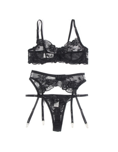 SUBBLIME - SET OF 3 PIECES BRA THONG GARTER FLORAL PRINT BLACK S-M