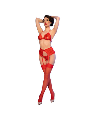 CHILIROSE - CR 4848 RED LACE BRA THONG STOCKINGS SET S