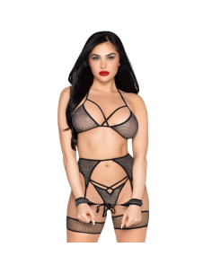 LEG AVENUE - 89362 TOP THONG GARTER BELT HANDCUFFS SET BLACK - ONE SIZE